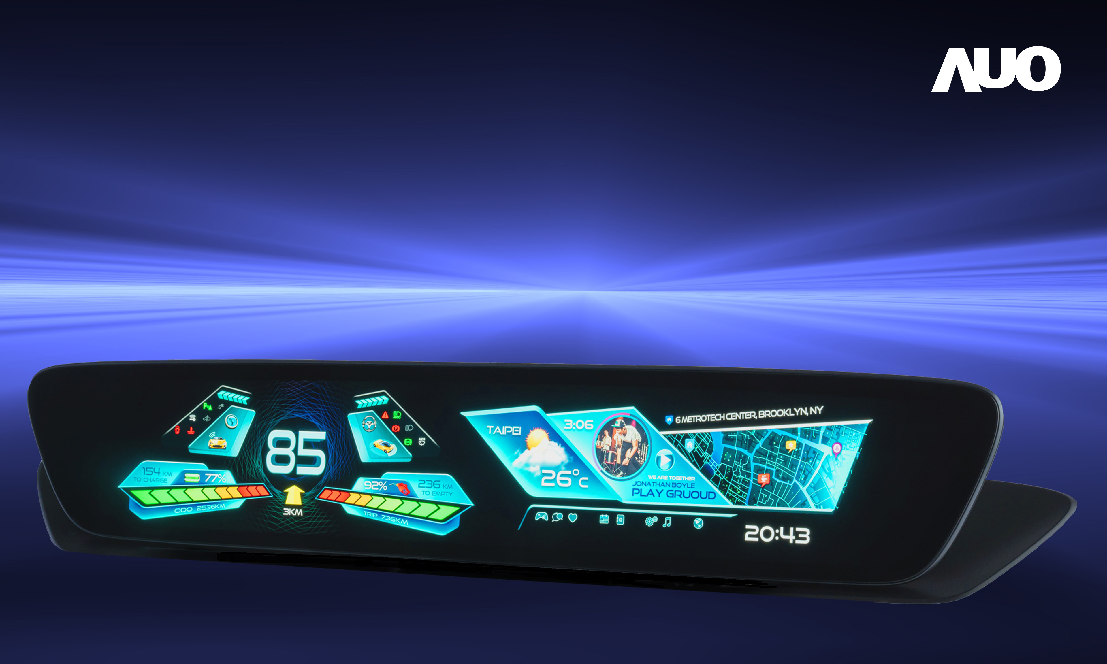 友達30.4吋異形曲面AmLED車載顯示系統，為一兼具儀表板及中控台人機介面的創新車載顯示系統，結合美學設計，提升車內科技沉浸感及使用體驗，讓車載顯示的未來應用更加多元化