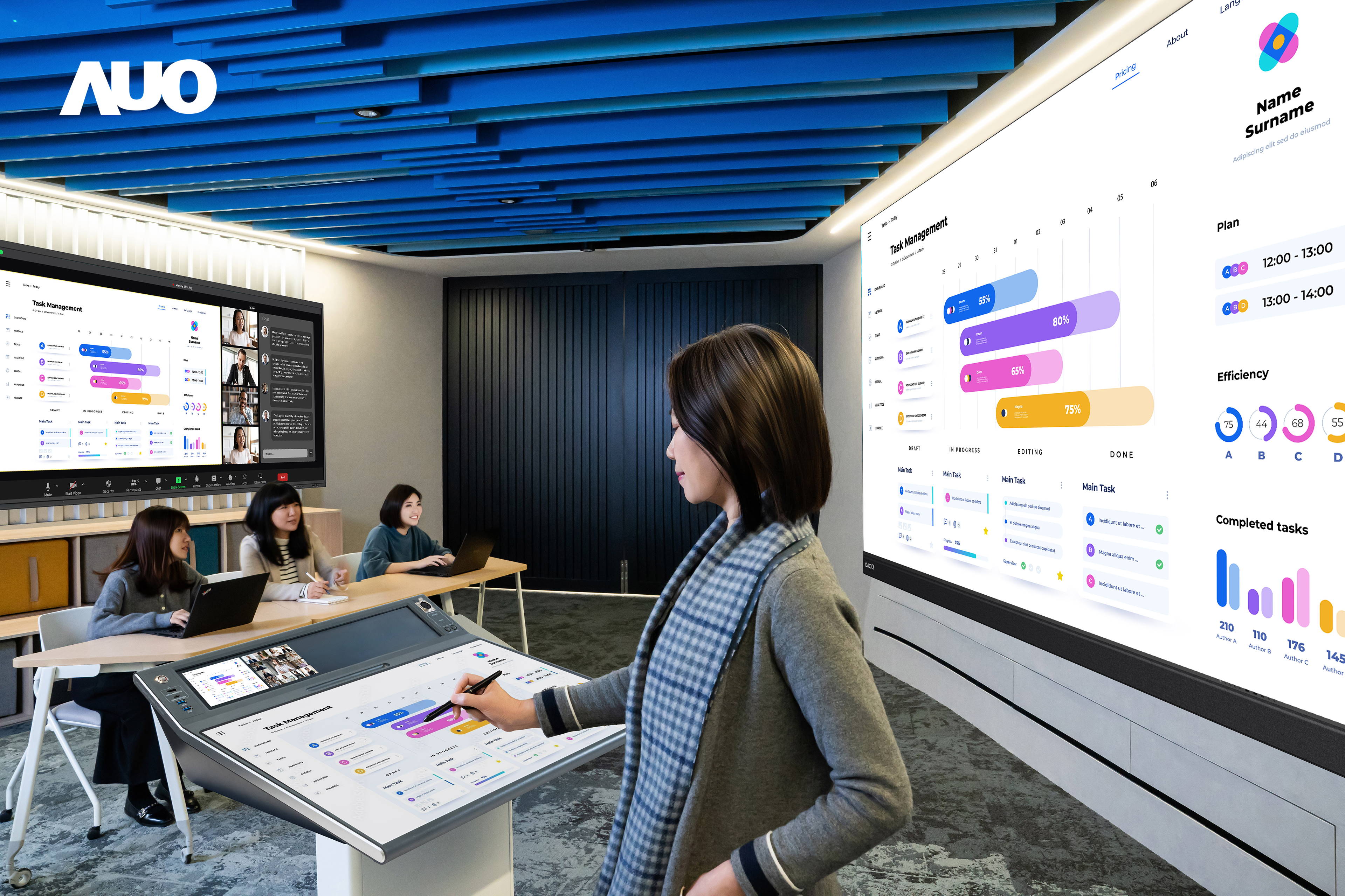 達擎攜手Avocor與Rise Vision展示全方位商務領域應用，包含採用模組化設計的138吋一體式All-in-One LED顯示器及具21:9超寬比例的92吋互動式電子白板（IFPD），講者可輕鬆分享內容，有效提升會議協作效率。